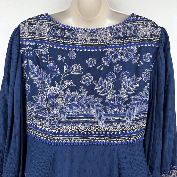 Free People My Love Mini Dress Long Sleeve Swing Pom Pom Paisley Blue Med Boho - Picture 10 of 16
